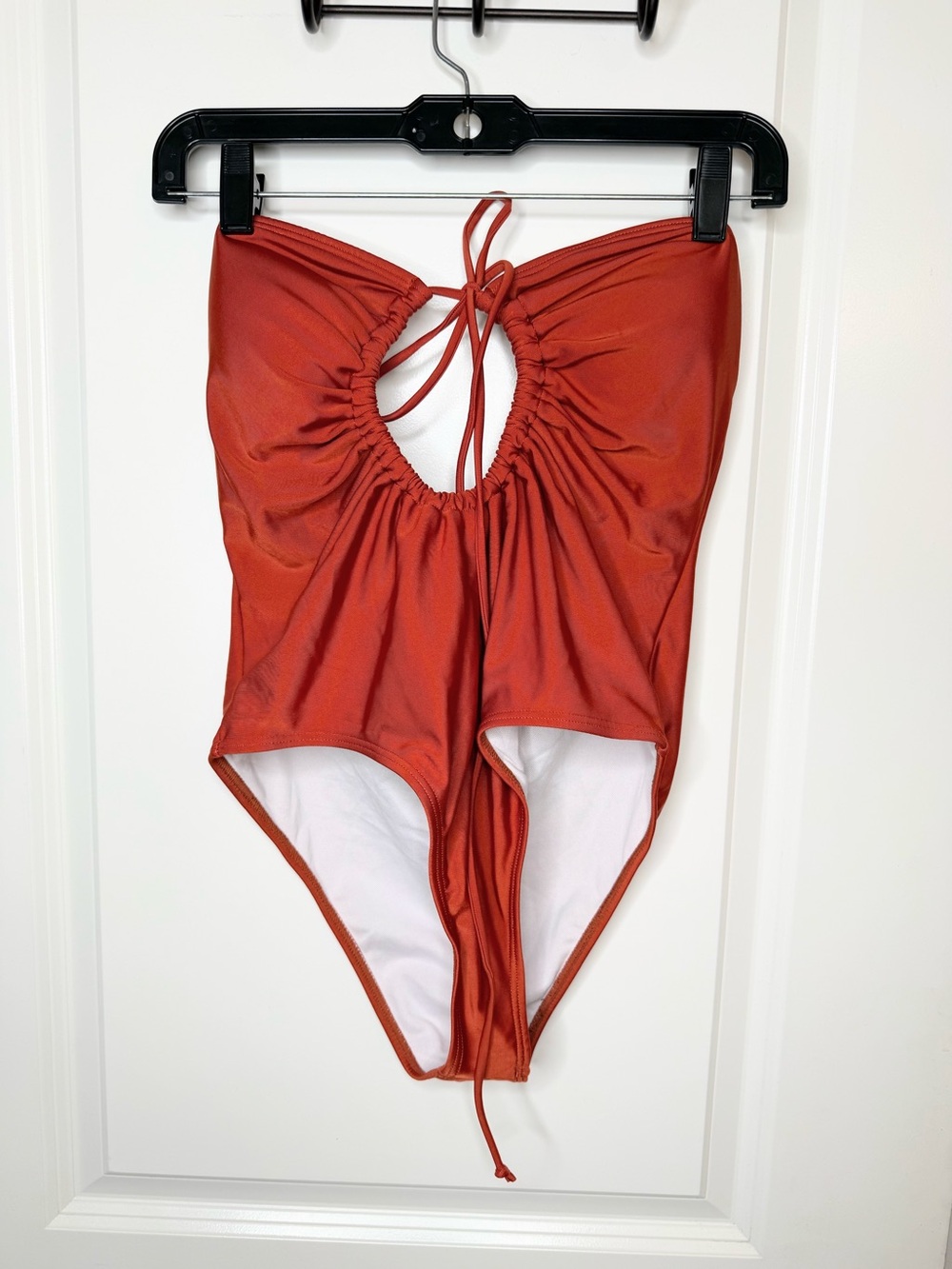 Women’s Rust Orange One Piece Swimsuit Large Cutout Tie Front Bandeau Beach